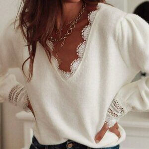 White Casual Women's classic V-Neck sweet Lace detailed knitted Sweater top